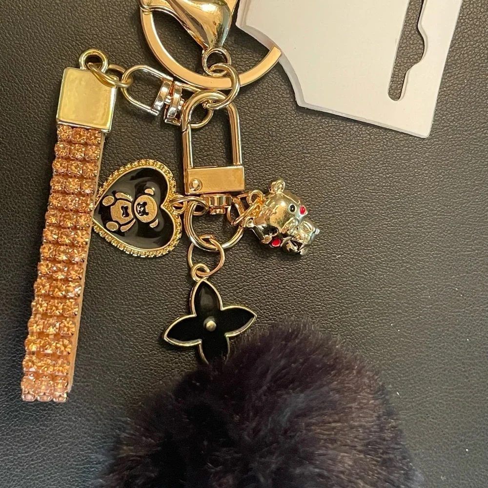 Gold and Black Pom Pom Keychain With 3 Charms – New
